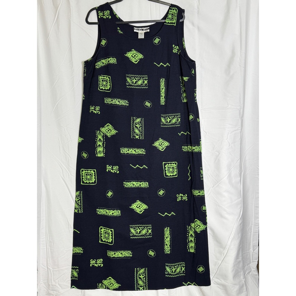 Vintage 90s Dana Kay Women's 18W Navy Lime Print Sleeveless Midi Dress